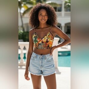 Anne's Apparel Tropical Print Spaghetti Strap Crop Top Size S